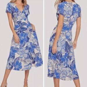 New! Lost + Wander Levka Floral Wrap Midi Dress blue,‎ size S